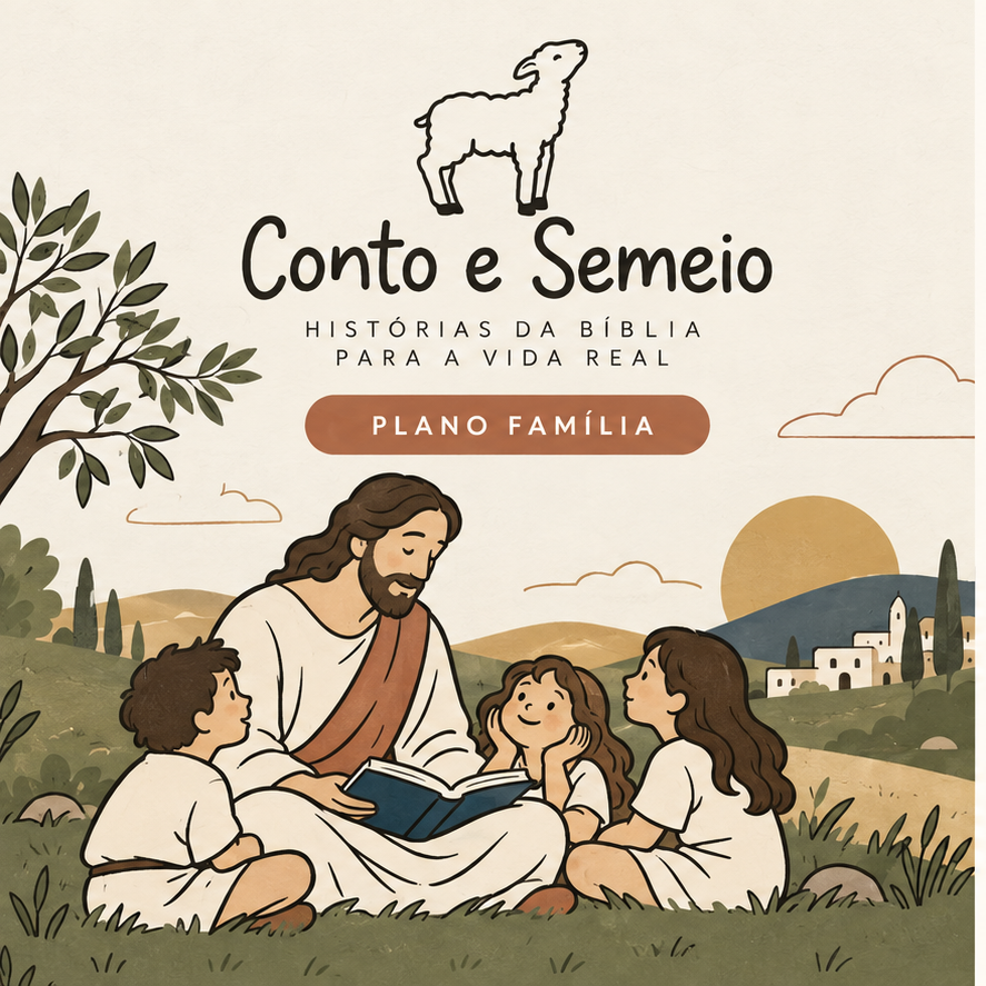 Jesus e crianças reunidos para ler, na capa ilustrada do plano Família