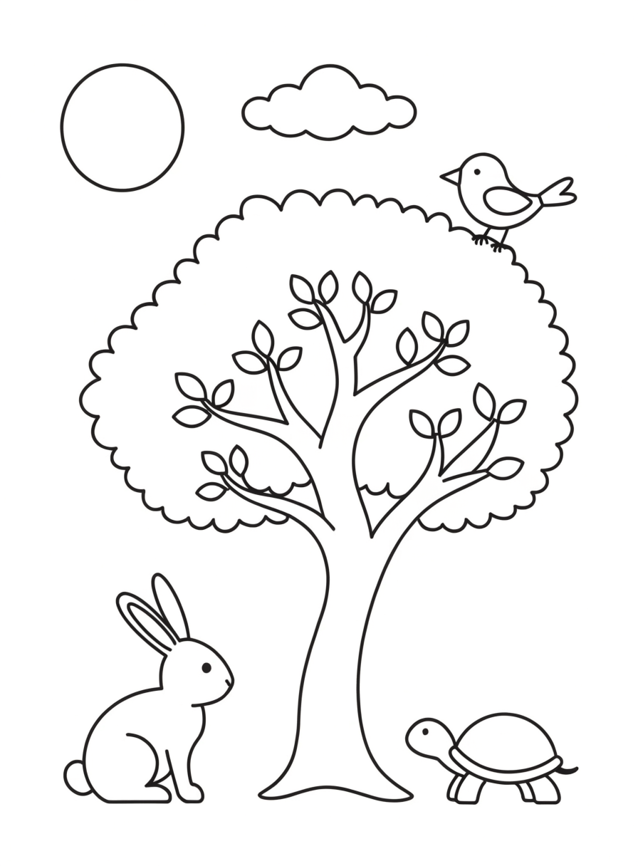Desenho para colorir da criação: árvore, pássaro, coelho e tartaruga